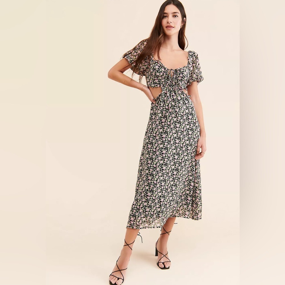 ASTR the Label Ruffle Cutout Black Floral Midi Dress Size L NWOT